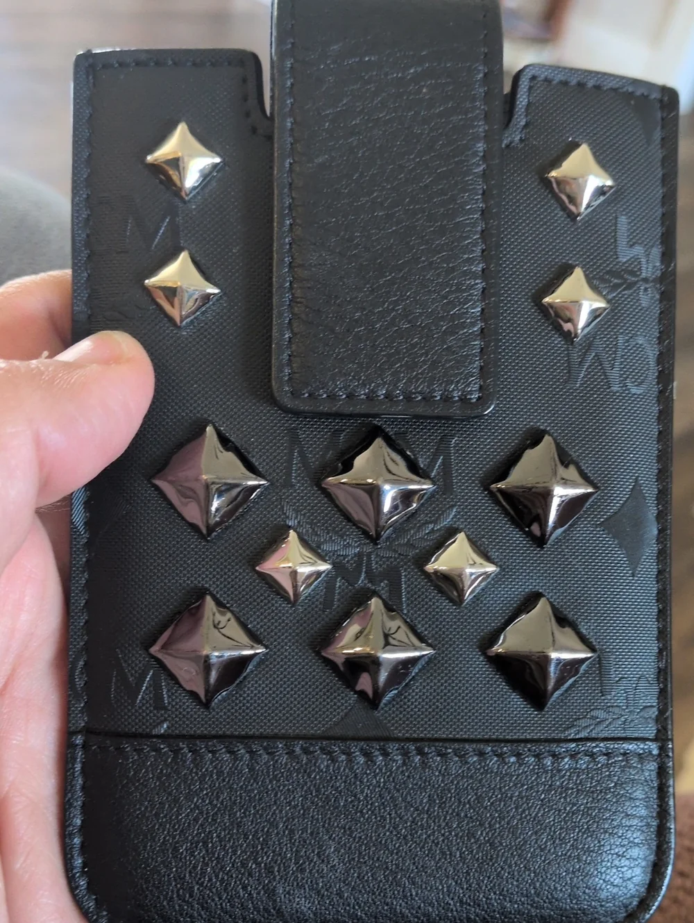 MCM Black Studded Visetos Phone Holder Card Wallet NWOT